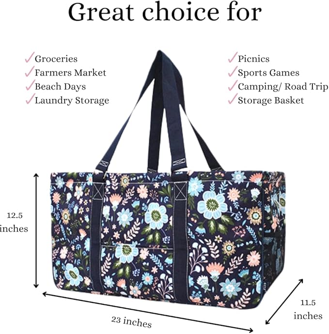 NGIL Extra Large Utility Tote Reusable Grocery Bag Oversized Collapsible for Groceries, Storage, Picnic, Beach (Pastel Floral-Navy)