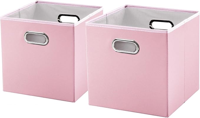 PRANDOM Leather Foldable Cube Storage Bins 13x13 inch [2-Pack] Fabric Storage Baskets Cubes Drawer with Cotton Handles Organi