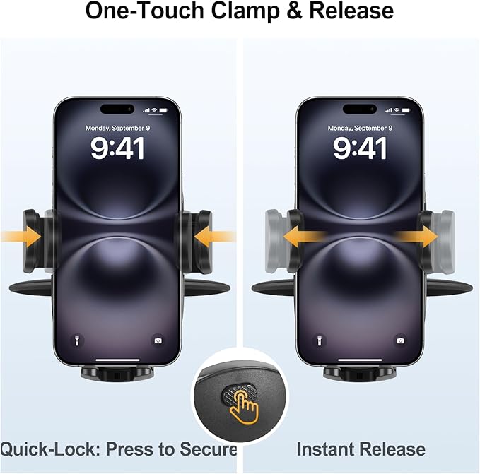 Shock-Resistant CD Slot Phone Holder for Car, CD Player Phone Mount with Adjustable Clamp, 360° Rotation, Non-Slip, Single-Button Release, Heat-Resistant, Universally Compatible with iPhone & Samsung