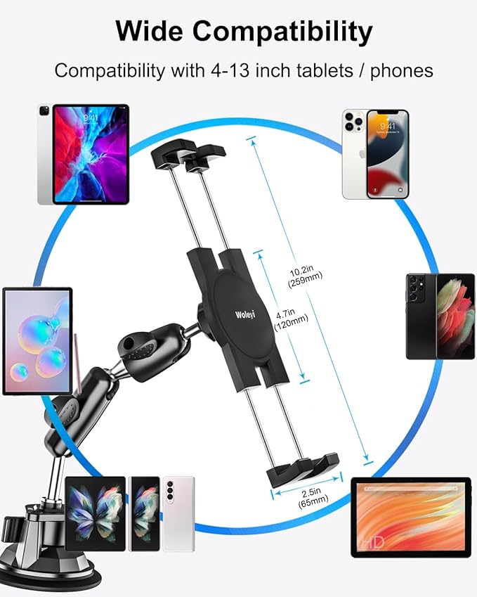 Heavy Duty Car Tablet Mount Holder - [Metal Arm] Dashboard Windshield Suction Cup Tablet Holder for Truck/Car Mount, for 4.7-13" Tablets Like iPad Pro Air, Mini, Galaxy Tab, Z Fold, Fire HD, iPhone