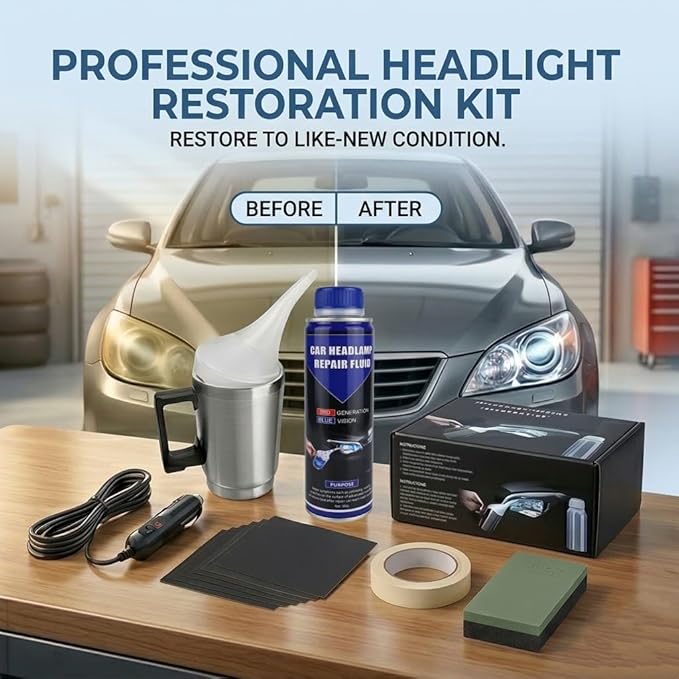 Car Headlight Lens Polish & Scratch Repair Kit, Automotive Headlamp Clarifying Tool with Atomizing Cup, 12V Power Cord and Sa