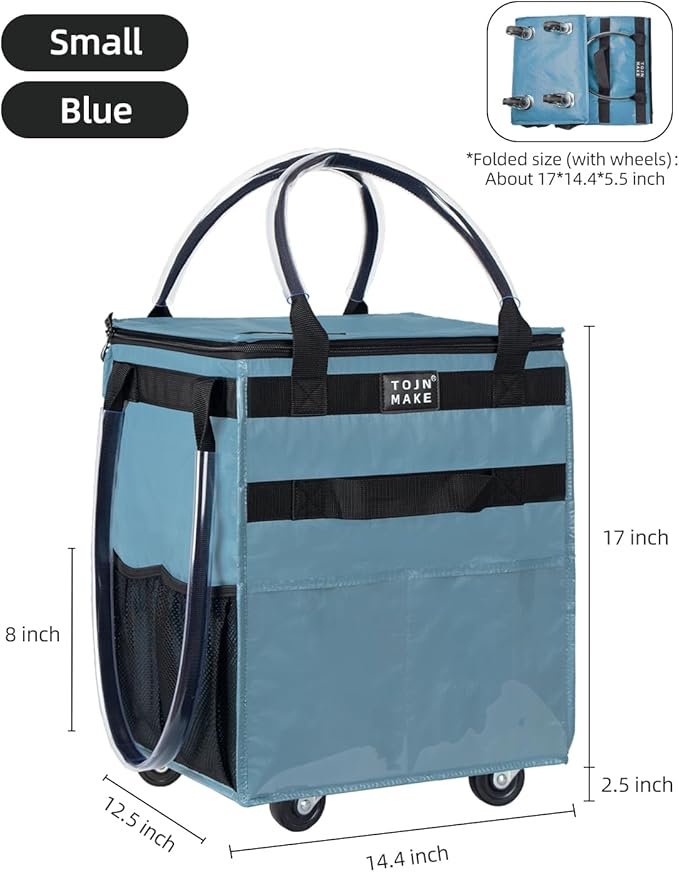 Reusable Grocery Bag On Wheels Shopping Trolley with 8 Pockets and Zipper Cover Foldable Rolling Tote, Heavy Duty Handles, Carries Up to 22 LBS (Small, Blue)