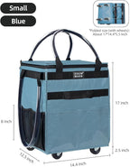 Reusable Grocery Bag On Wheels Shopping Trolley with 8 Pockets and Zipper Cover Foldable Rolling Tote, Heavy Duty Handles, Carries Up to 22 LBS (Small, Blue)
