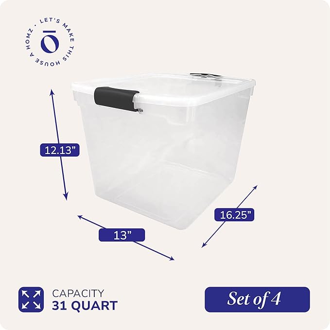 HOMZ 4-Pack 31 Quart Latching Lid, Clear Plastic Storage Organizer Bins, Gray – Stackable Containers for Home & Office Shelve