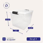 HOMZ 4-Pack 31 Quart Latching Lid, Clear Plastic Storage Organizer Bins, Gray – Stackable Containers for Home & Office Shelve