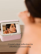 Velvet Travel Jewelry Box with Large Mirror, Double-Layer Jewelry Organizer Case for Women and Girls, Portable Storage Case w