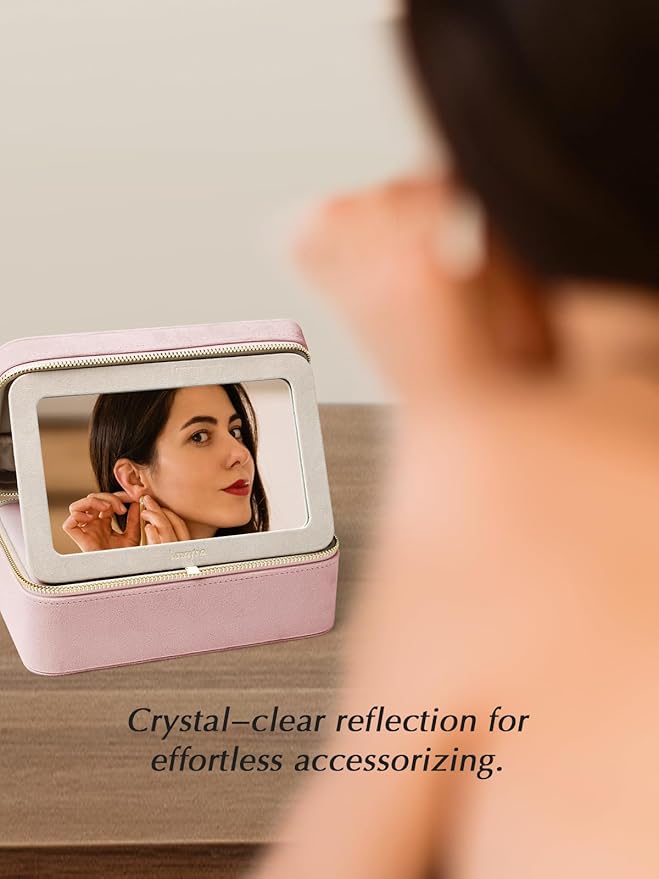 Velvet Travel Jewelry Box with Large Mirror, Double-Layer Jewelry Organizer Case for Women and Girls, Portable Storage Case w