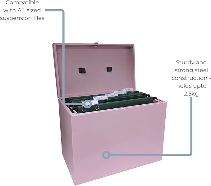 Cathedral Products A4 Steel File Box with Starter Pack of 5 Suspension Files - Pastel Pink