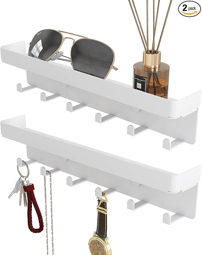 2 Pieces Key Holder for Wall Rustic Key and Mail Organizer 6 Key Hooks with Shelf Small Key Rack with Tray Adhesive Key Hange
