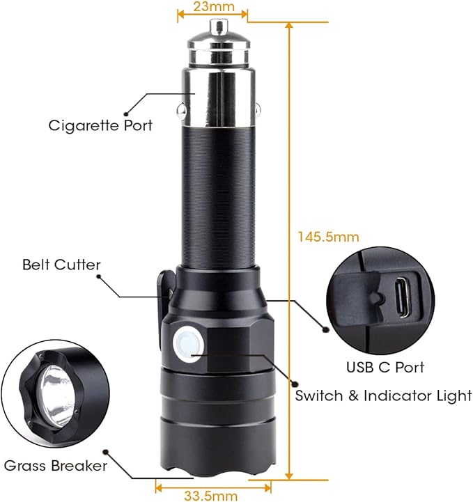 Small Flashlight Rechargeable with 12 Volt Car Cigarette Lighter & USB C for Auto Vehicles Emergency, Car Escape Tool, Outdoo