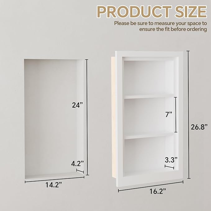 Solid Wood 14 X 24 Recessed Medicine Cabinet,3-Tier, Medicine Cabinet Organizer,Wall Niche, Bathroom Wall Cabinet, Recessed B
