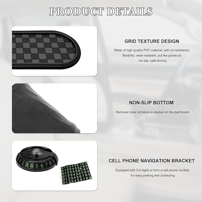 Multifunction Car Anti-Slip Mat, Anti Skid Dashboard Pad Rotatable Phone Holder w/Temporary Parking Number, Universal Auto Ce