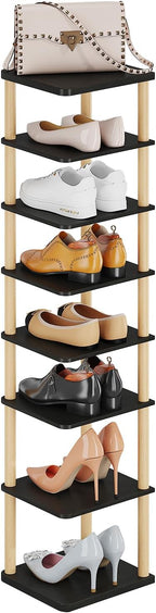 LUCKNOCK Vertical Shoe Rack, 8-Tier Tall Narrow Shoe Organizer for Entryway, Closet, Dorm & Small Spaces, Freestanding Wooden