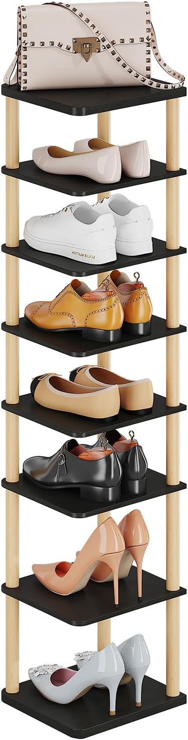 LUCKNOCK Vertical Shoe Rack, 8-Tier Tall Narrow Shoe Organizer for Entryway, Closet, Dorm & Small Spaces, Freestanding Wooden