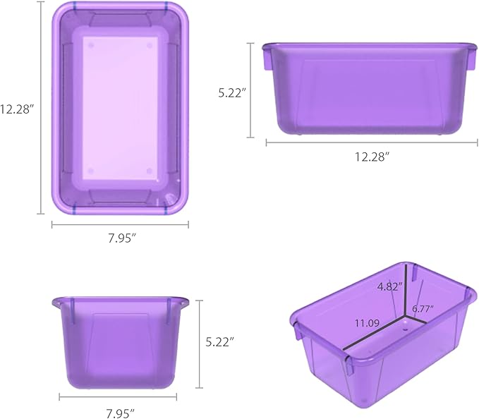 Storex Small Cubby Bins – Plastic Storage Containers for Classroom with Non-Snap Lid, 12.2 x 7.8 x 5.1 inches, Tint Violet, 5