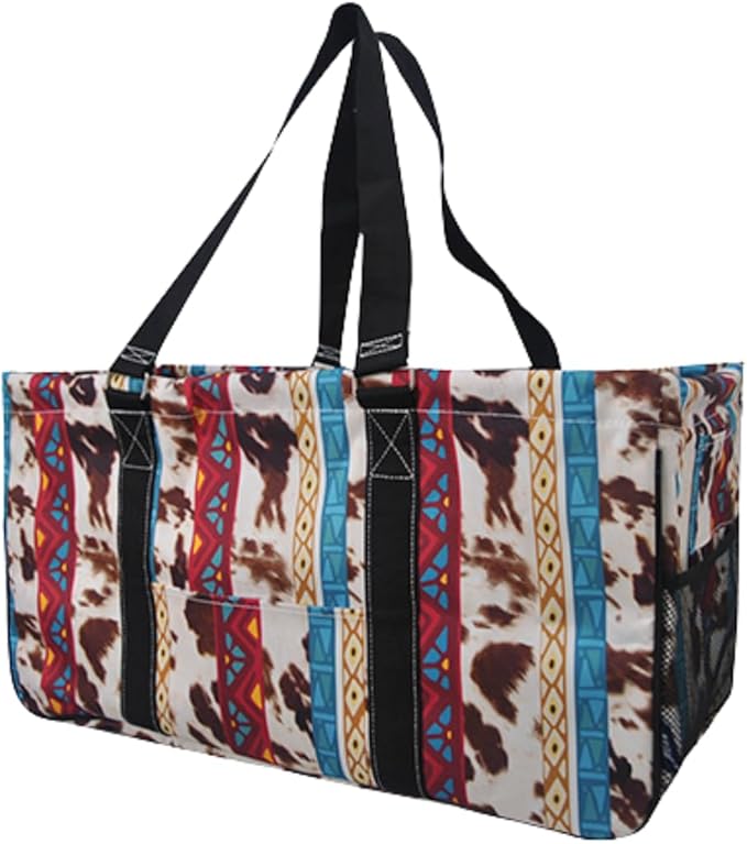 NGIL Extra Large Utility Tote Reusable Grocery Organizing Bag Oversized Collapsible for Storage, Picnic,Car, Beach (Tribal Cow-black)