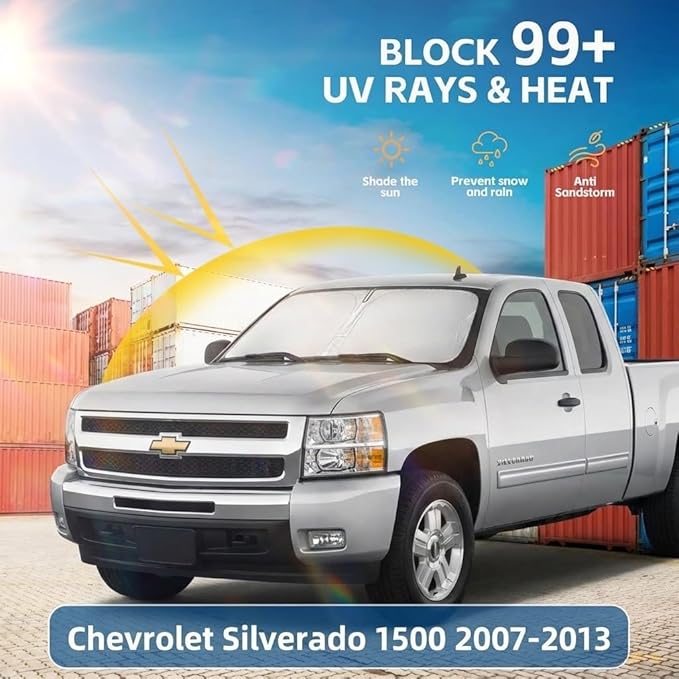 Windshield Sun Shade for Chevy Silverado 1500 2007-2013 Sunshade Front Window Shade Custom Fit Silverado 1500 Accessories Sun Visor Foldable Shade Blocks UV Rays Accessories