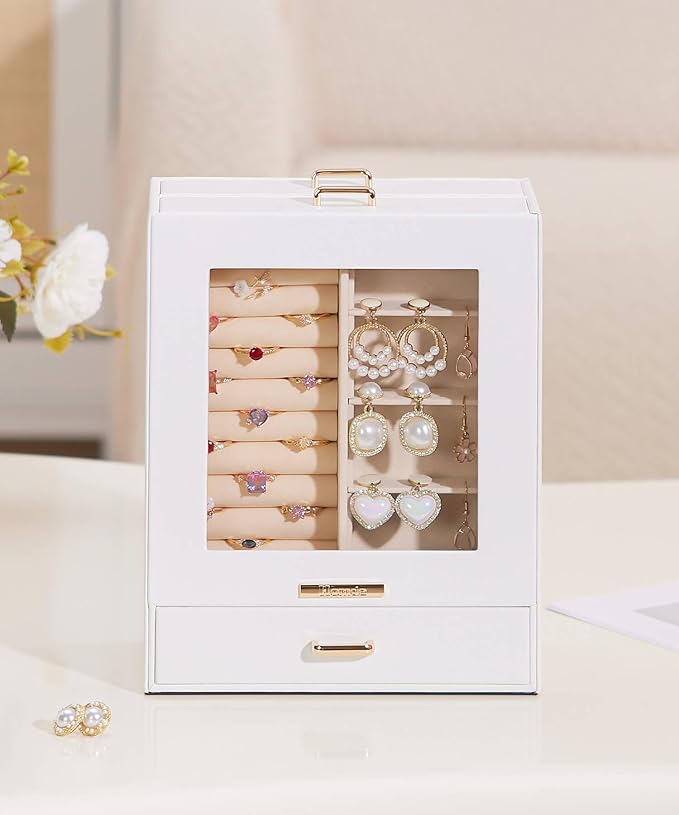 Homde Jewelry Organizer Girls Women Jewelry Box for Necklaces Rings Earrings Gift Bracelets Storage Case (White + Gold)
