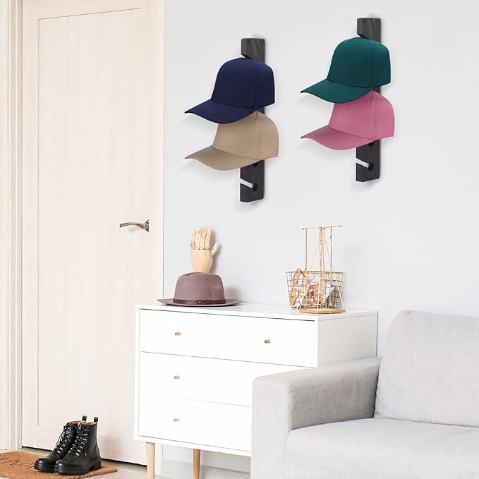 Hat Rack for Wall Baseball Cap Organizer Hanger (2 Pack) Modern Wooden Hat Holder Wall-Mounted Caps Display for Closet Door B