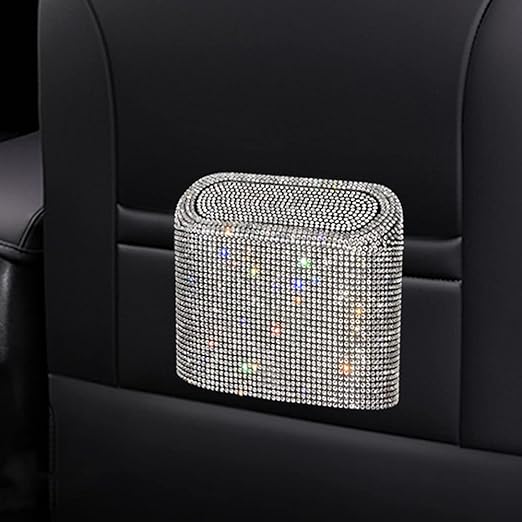 Sparkly Car Trash Car,Hanging Garbage Can with Lid Bling Rhinestone Trash Bin,Litter Container for Vehicle,Office,Home (White)