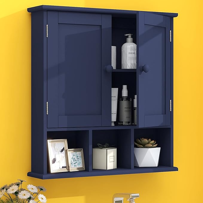 TaoHFE Blue Bathroom Over The Toilet Storage Cabinet,Wall Medicine Cabinet Organizer with 2 Door Adjustable Shelves,Wooden Mo