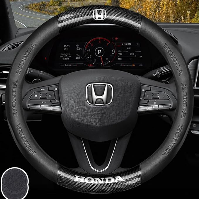 Customized Steering Wheel Cover Compatible with Honda, Premium Nappa Leather&Bright Carbon Fiber Texture Steering Wheel Cover, with Coasters and 3-in-1 USB Fast Charging Cable (Black)