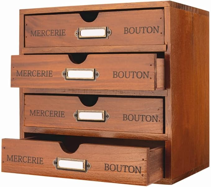 Wooden Storage Box with 4 Drawers Vintage Office Supplies and Accessories Letter Tray Wood Desktop School Supply Organizer Li