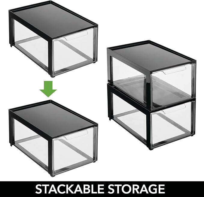 mDesign Plastic Desk Organizer and Storage Bin w/Pull Out Drawer - Stackable Office Storage Container for Office Supplies - D
