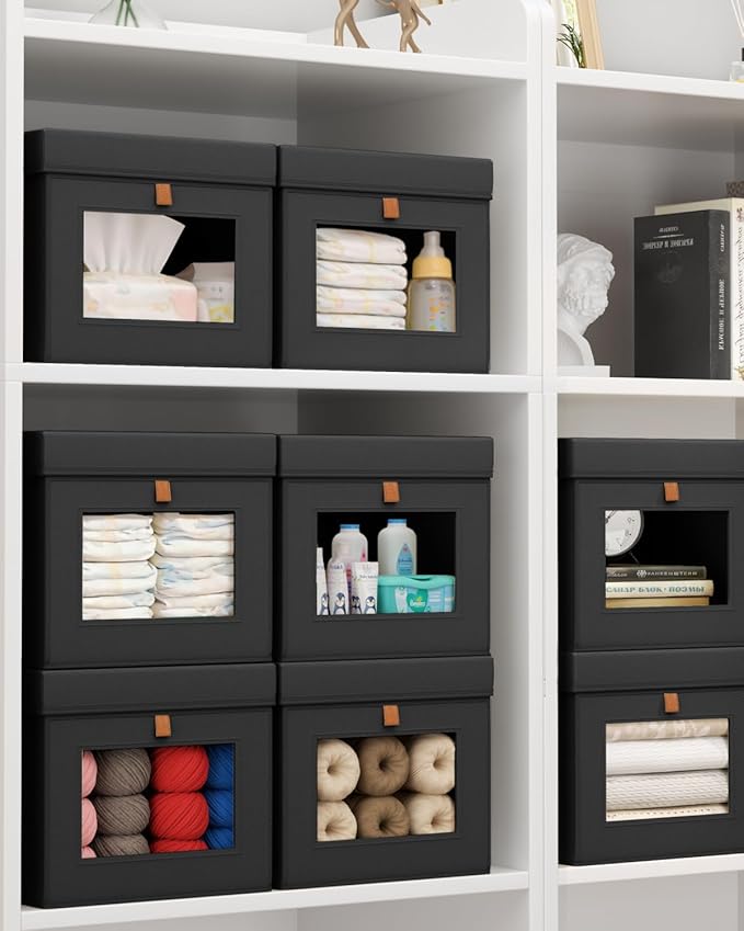 Homsorout Storage Bins with Lid – Closet Organizer with Side Opening and Clear Window, Foldable Stackable Fabric Basket for C