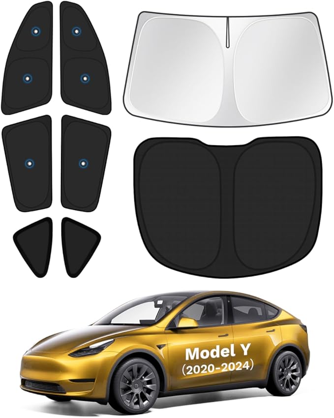 KUST Car Window Shades for 2020-2024 Tesla Model Y Accessories with No-Fall Suction Cups Windshield Sun Shade Side Rear Window Covers Sunshade Privacy Protection for Camping 8PCS(Not for Juniper)