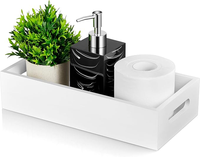 ALELION White Bathroom Basket - Wooden Toilet Tank Paper Basket with Handle for Organizing - Back of Toilet Storage Organizer
