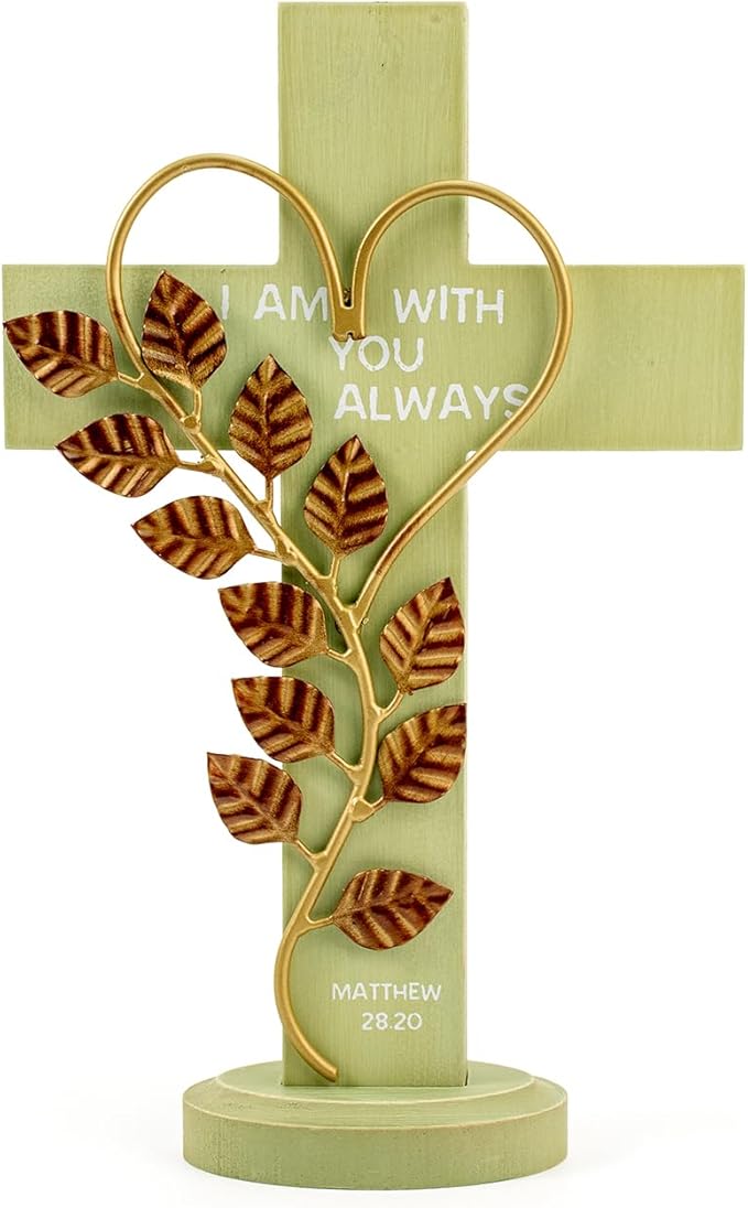 Wooden Wall Cross with Iron Heart Leaf Decorated with Hook and Base Hanging Wall Or Table Cross with Matthew 28:20 For Church
