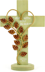Wooden Wall Cross with Iron Heart Leaf Decorated with Hook and Base Hanging Wall Or Table Cross with Matthew 28:20 For Church