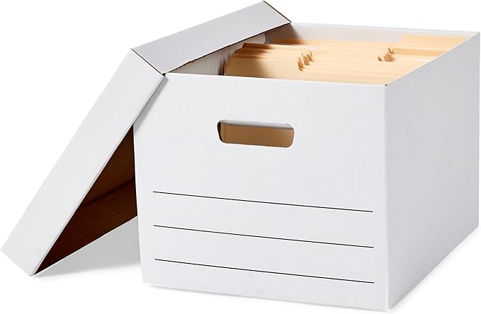Amazon Basics Medium Duty Storage/Filing Boxes with Lid and Handles, Legal/Letter Size, 12-Pack, White, 16.2" L x 12.5" W x 1