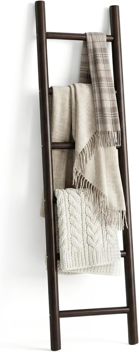 Wooden Blanket Ladder - 76in Natural Wood Color- Leaning Wall Decor for Bedroom, Bathroom, Living Room - Rustic Quilt Holder 