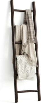 Wooden Blanket Ladder - 76in Natural Wood Color- Leaning Wall Decor for Bedroom, Bathroom, Living Room - Rustic Quilt Holder 