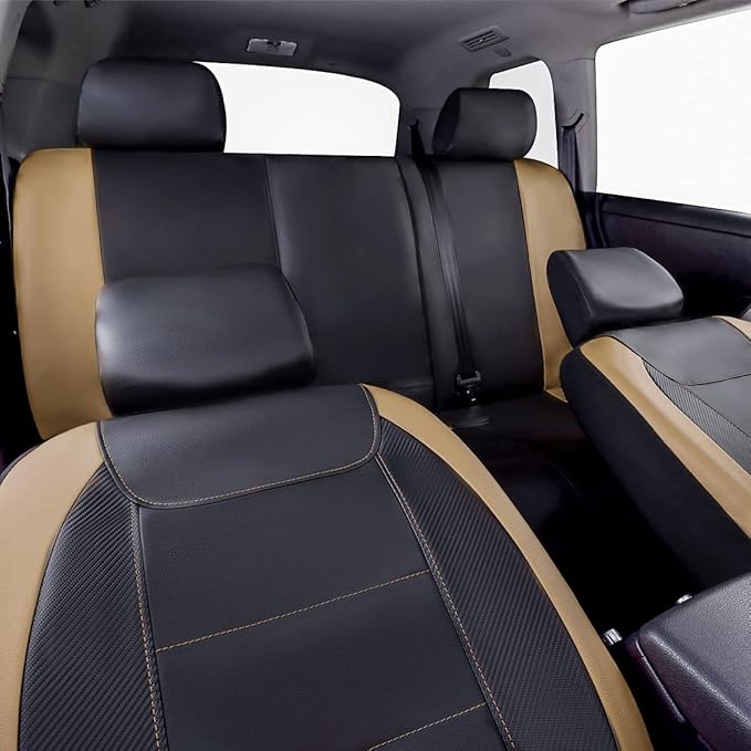 Flying Banner car seat Covers Protects Water Proof Faux Leather Carbon Fiber Front and Rear Bench (Black Beige, Full Set - 8P