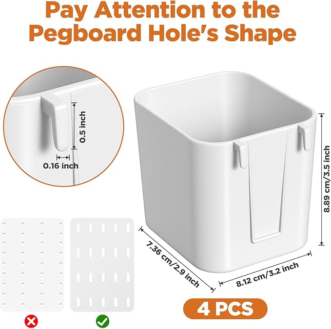 4Pack Pegboard Accessories, Pegboard Cups with Hooks 2.9 x 3.5 x 3.2 Inch Pegboard Bins Accessories Top Storage Containers Pe