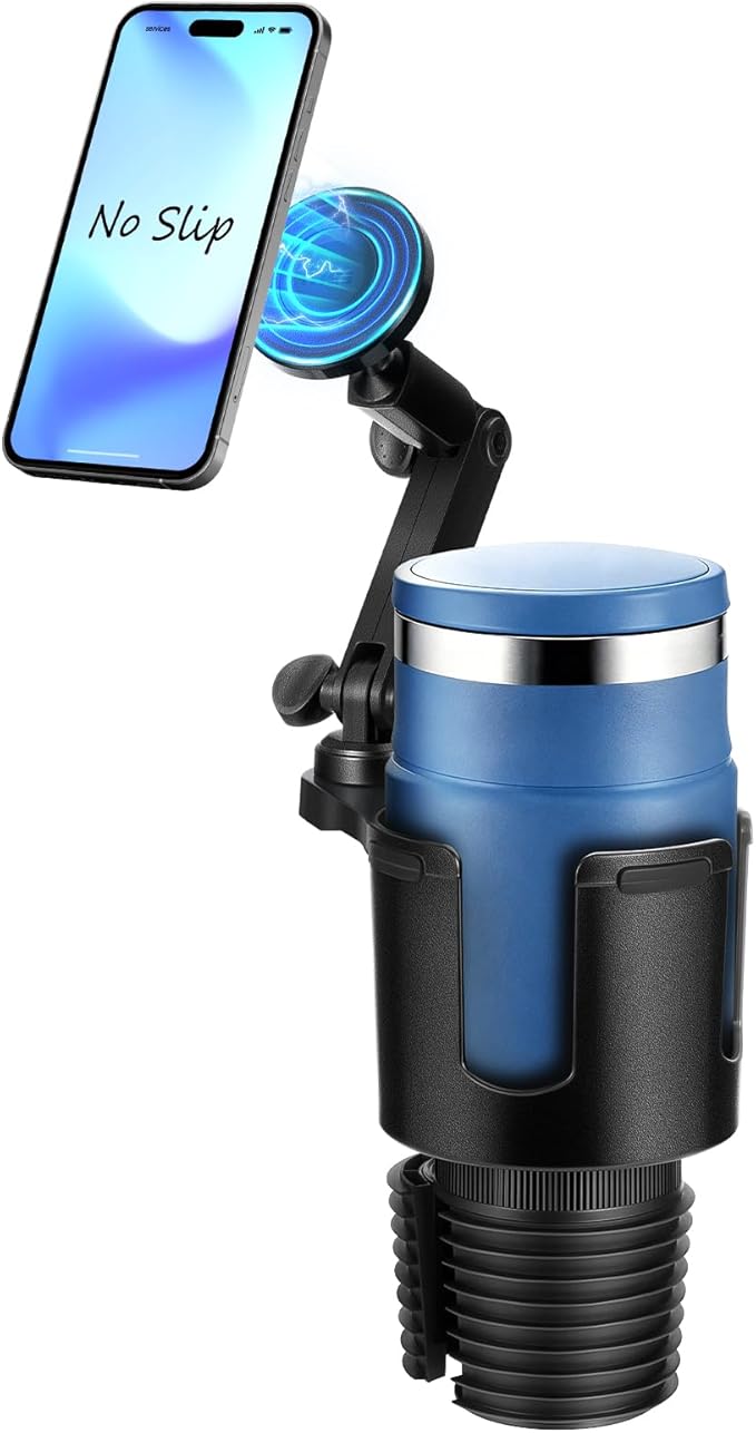 Magnetic Car Cup Holder Phone Holder, 2-in-1 Cup Holder Extender for Car, Universal Magsafe Cupholder Car Mount, Long Arm and 360 ° Rotation, Secure Fit for Car or SUV
