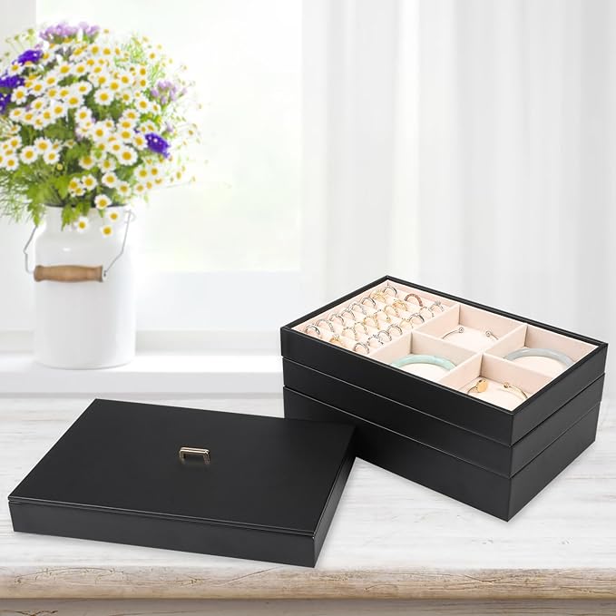 Voova Stackable Jewelry Organizer Tray with Lid, PU Leather Jewelry Storage Holder for Drawer Inserts, Jewellery Display Box 
