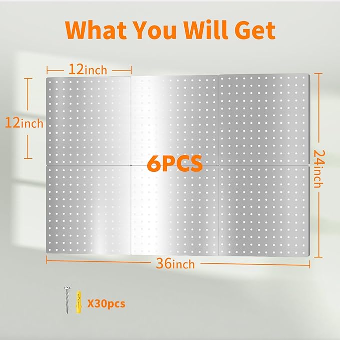 Peg Board, 6PCS Metal Pegboard, Heavy Duty Pegboard Wall Organizer with Frame. Silver Pegboard for Walls, Garage, Workbench, 