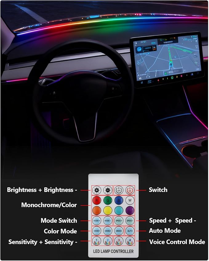 for Tesla LED Car Ambient Lighting Strip Model Y Juniper Model 3 Highland Accessories 2017-2026 Dashboard Windshield Interior LED Light Strip Waterproof Decoration Atmosphere Ambient Lighting