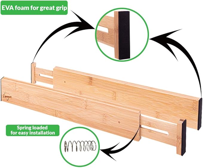 Adjustable Bamboo Drawer Dividers – SMALL SIZE, Expandable 12–16 inch – Spring Loaded Drawer Organizer for Kitchen, Dresser, 