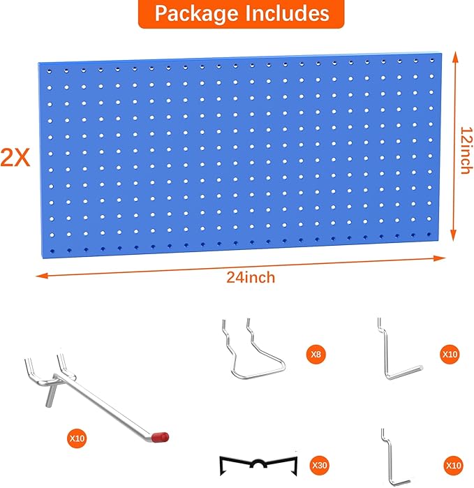 TORACK Metal Pegboard Wall Organizer 24" x 24" or 12" x 48", 70 PCS Tools Storage Pegboard for Garage Tool Organizer Pegboard
