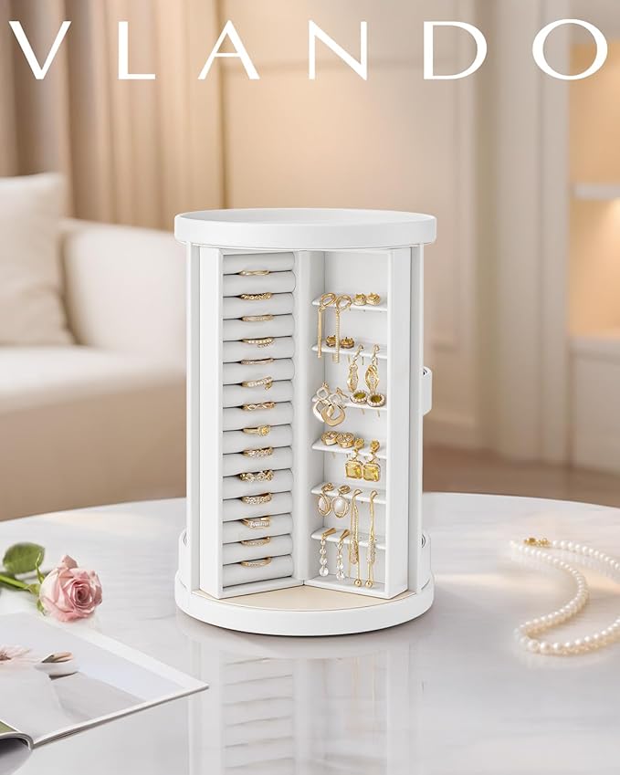 VLANDO 360°Rotating Jewelry Box,Earring Organizer Large Vertical Jewelry Organizer with 6 Necklace Hooks, Open Ring Display S