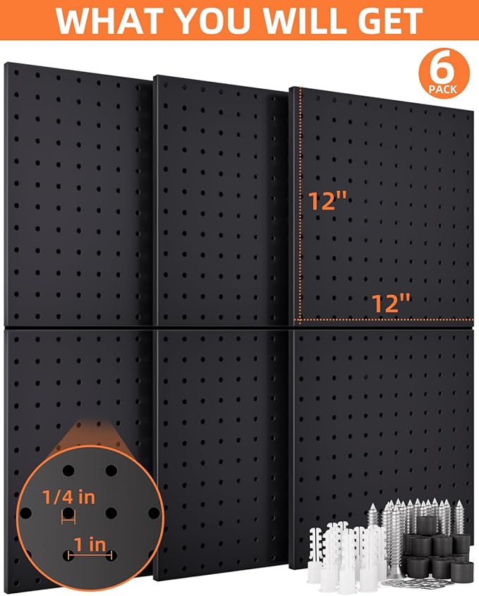 INCLY 6 Pack 12"x12" Black Metal Pegboard Panels, Heavy Duty Pegboard Wall Organizer with Frame, Black Peg Board for Walls, G
