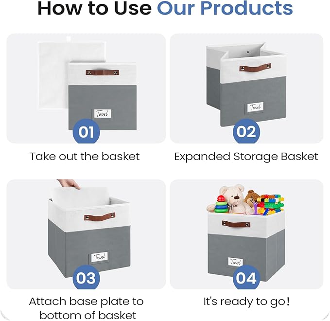 FinishingBo 6-Pack Storage Cubes with Handles & Label Holders Basket, Closet Cube Home Organizer Bins(White/Dark Grey, 13 x 1