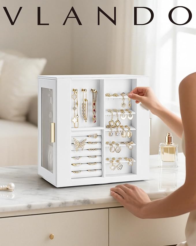 Vlando 360° Rotating Jewelry Box with 5 Drawers, Large Jewelry Storage with 2 Glass Window, PU Leather Jewelry Organizer for 