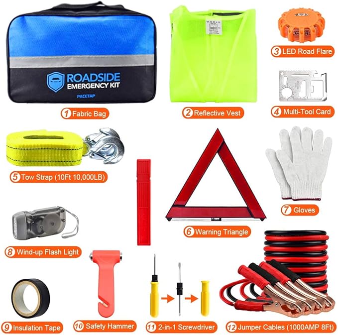 PACETAP Car Roadside Emergency Kit, Essential Auto Safety Road Side Assistance Tool Kit with Jumper Cables, Towing Rope, Tria