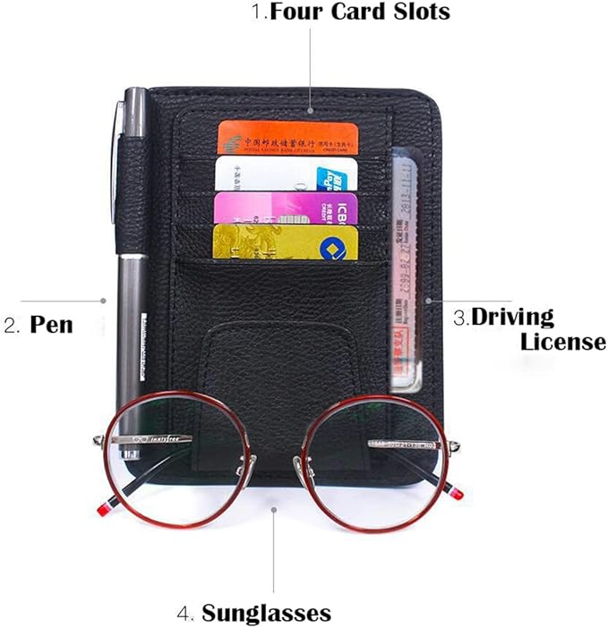 Small Leather Sun Visor Organizer for Car and Truck - Sunglass Holder, Card Sleeve Pocket, Document Holder for Registration, Driving License, Insurance, Pen, Chapstick